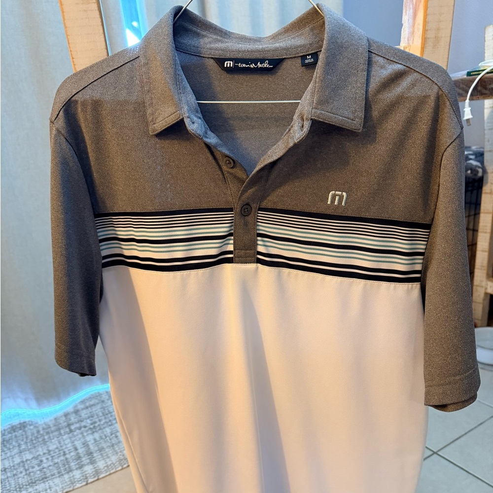 Travis Mathew Two-Tone Gray and White Striped Chest Polo